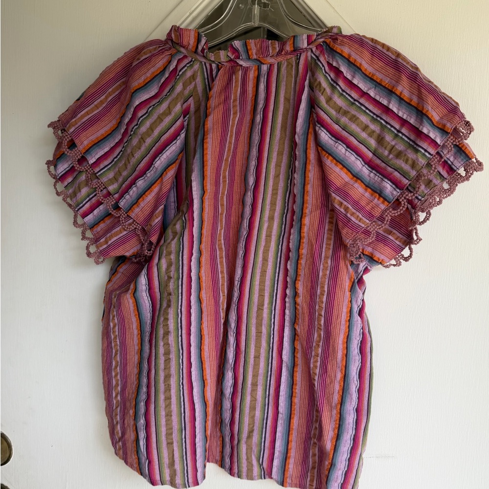 Democracy Striped Pink Multi-Color Boho Flutter Sleeve Top. Petite Medium - Picture 3 of 6
